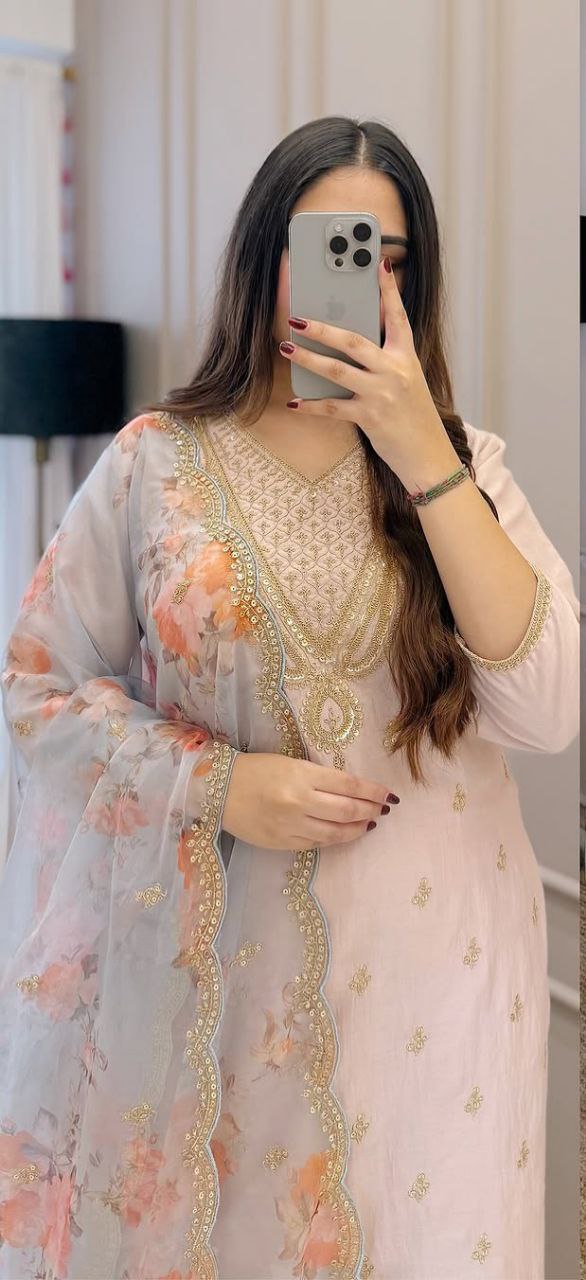 luxury pastel pink kurti set with organza floral dupatta