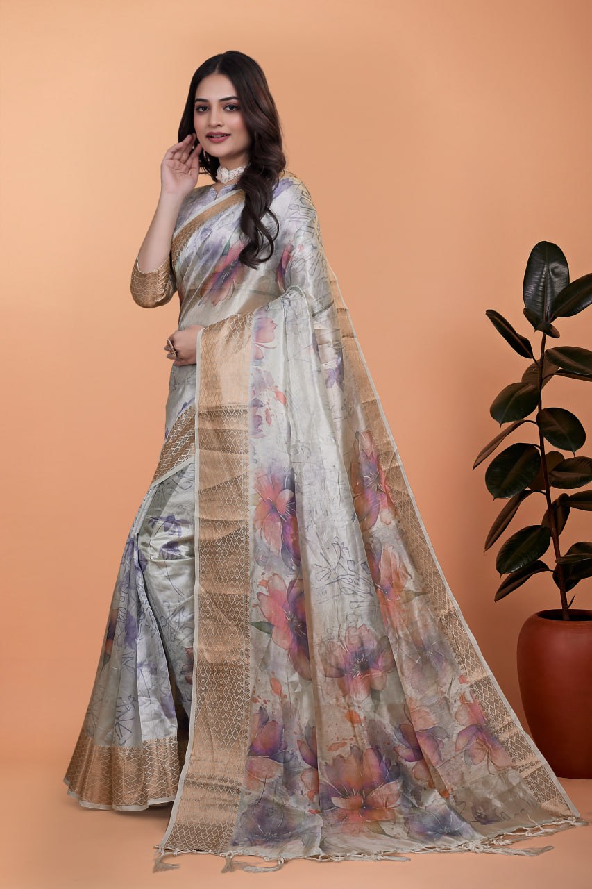 elegant beige soft silk saree with multicolor floral print & golden zari border ( gg-505 )