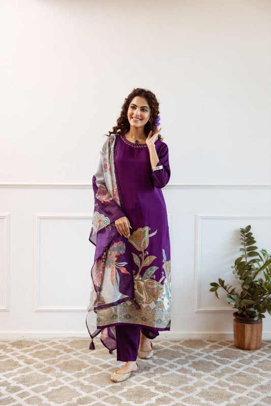 Stylish Purple Kurti with Printed Dupatta – Festive Collection