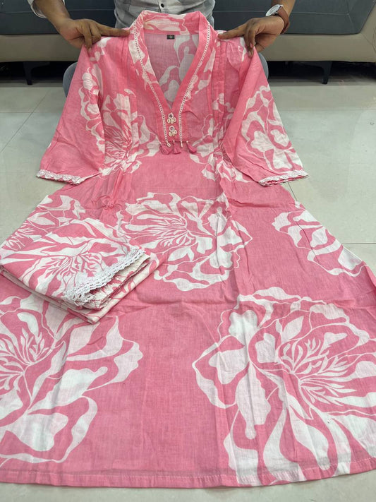Elegant Baby Pink Floral Kurti Set – Soft Cotton Comfort