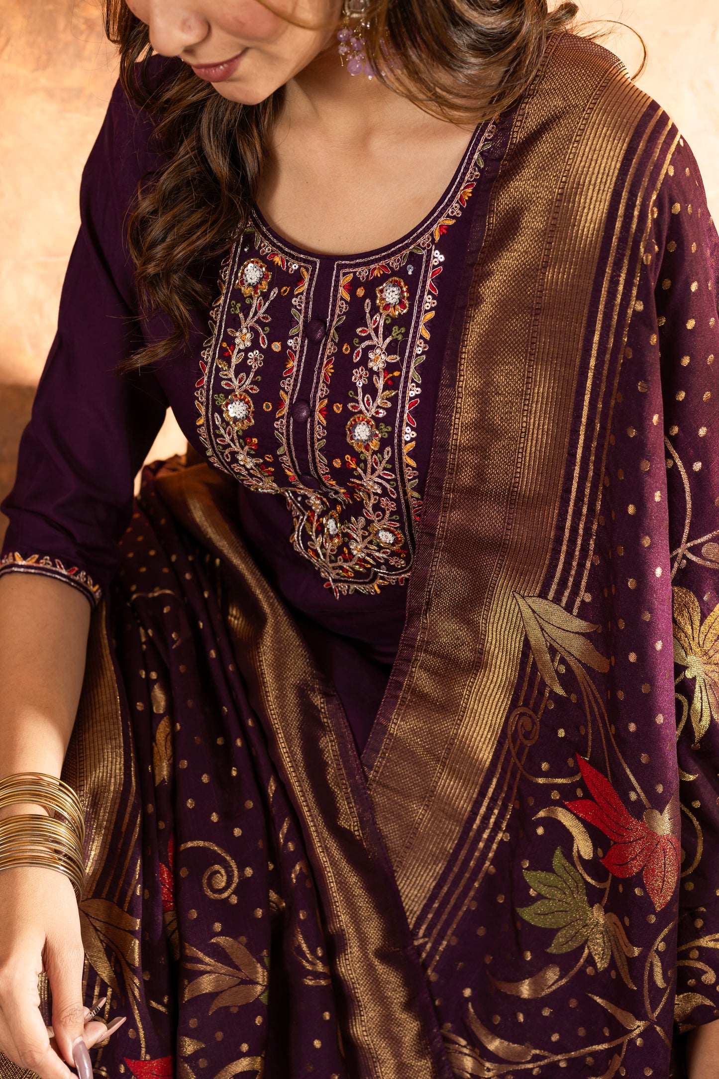 elegant festive kurti set with embroidered neckline & silk dupatta