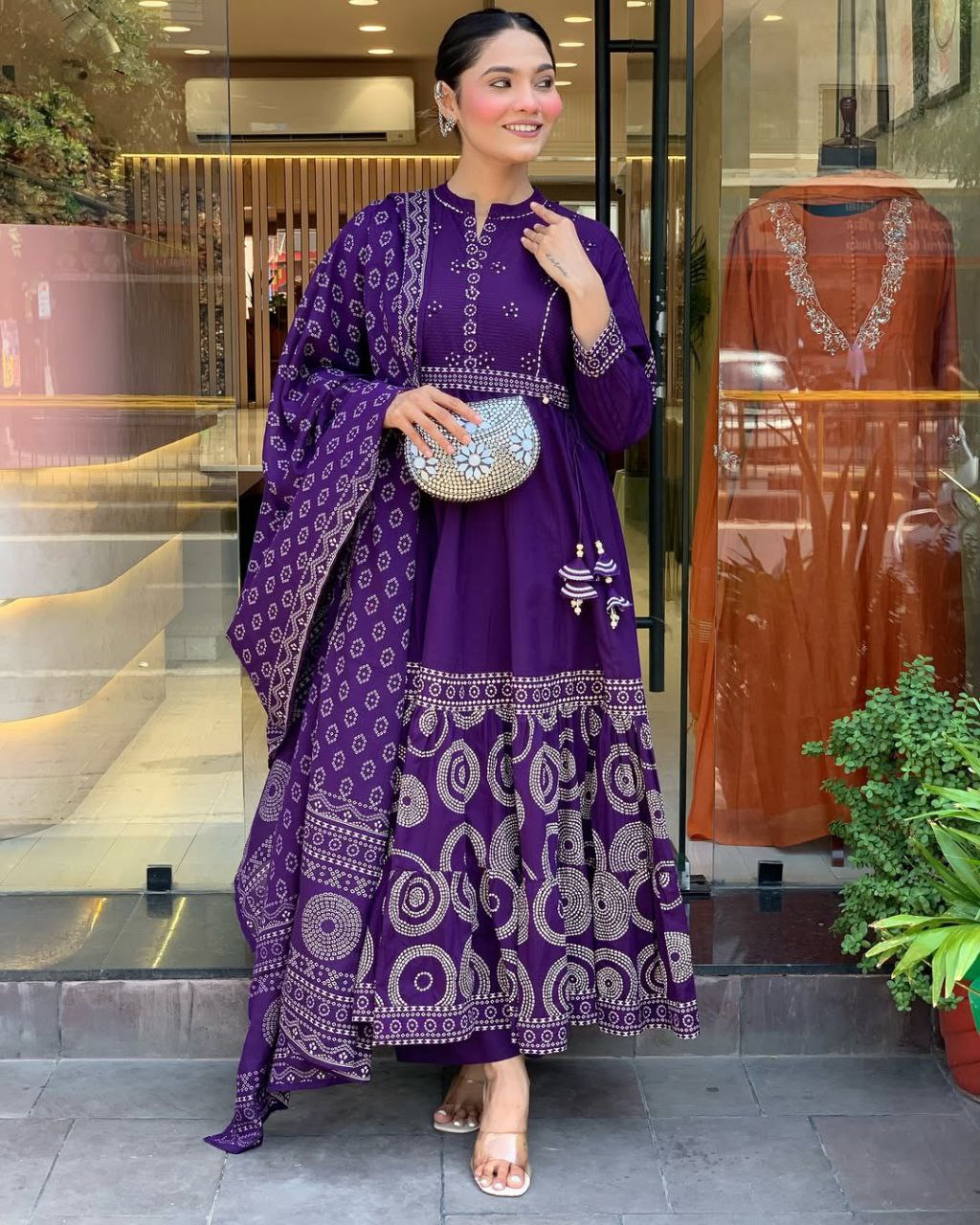 elegant pure muslin anarkali style suit set