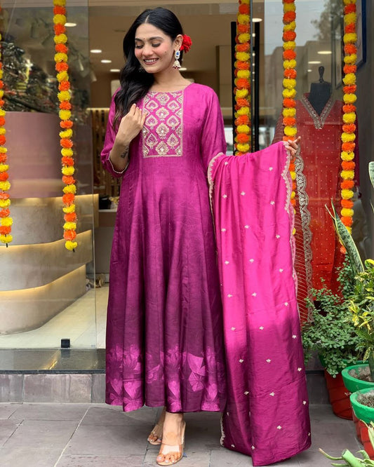 Royal Magenta Silk Anarkali Set with Embroidered Dupatta