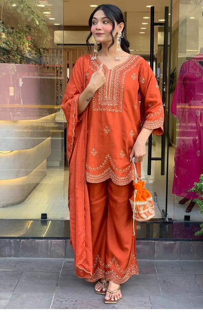 Presenting The Navratri  Special  3 Pcs Premium Plazo Set In Pure Roman Silk Fabric With To Make You The Centre of Attention