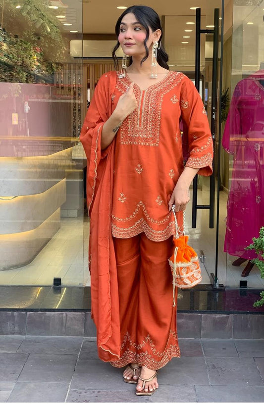 Presenting The Navratri  Special  3 Pcs Premium Plazo Set In Pure Roman Silk Fabric With To Make You The Centre of Attention