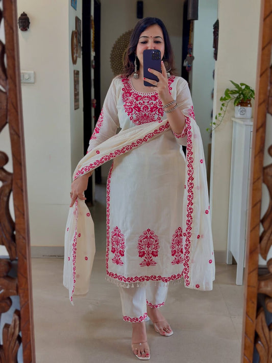 MUL CHANDERI FESTIVAL SPECIAL FULL EMBROIDERY KURTI SET