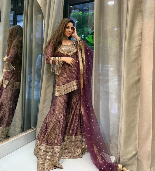 🦋 Đěsigner Party Wear & Festival Look Pur Printed Chinon Silk Top-Blouse & Palazzo With Dupatta set