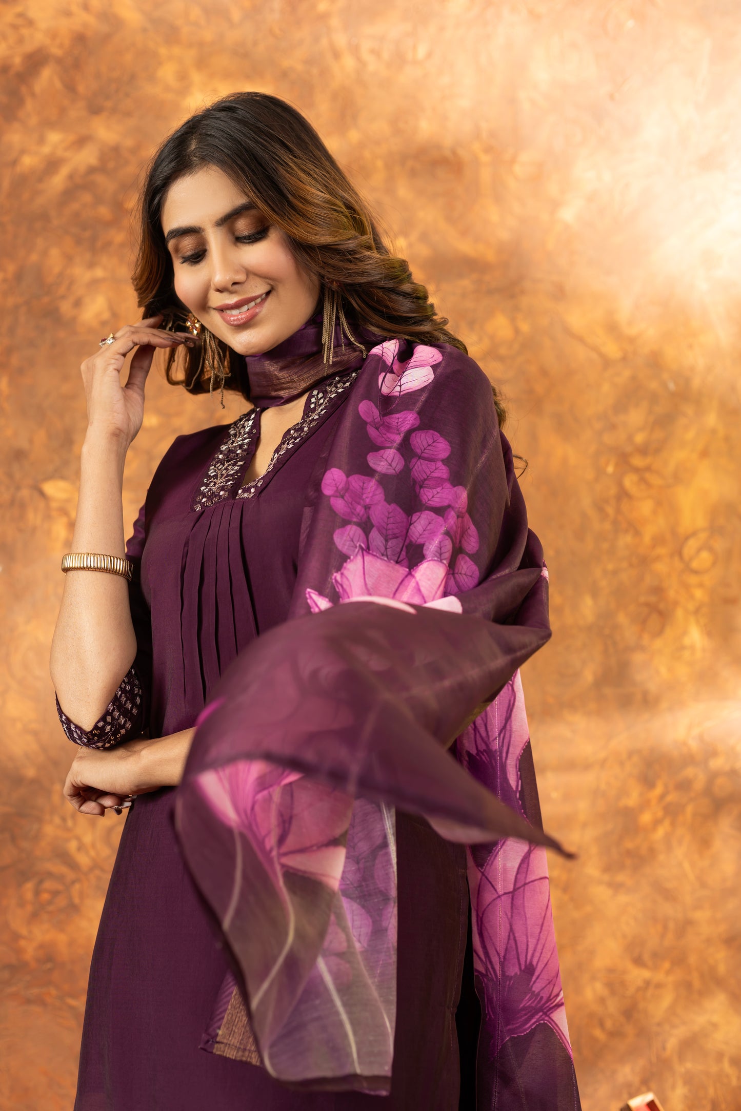 elegant wine kurti set with floral dupatta – perfect for every occasion