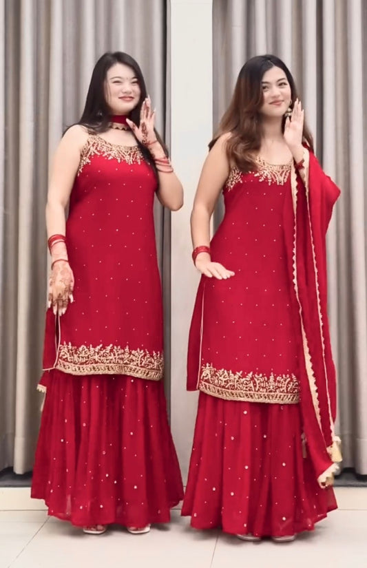 🦋 Đěsigner Party Wear Look Pur Heavy Faux Georgette Top Plazzo & Dupatta Set👗