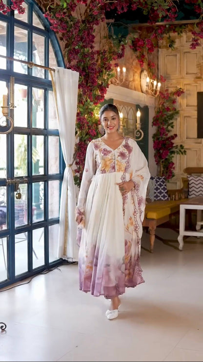 Elegant Floral Printed Anarkali Kurti – White & Lavender Ombre Design