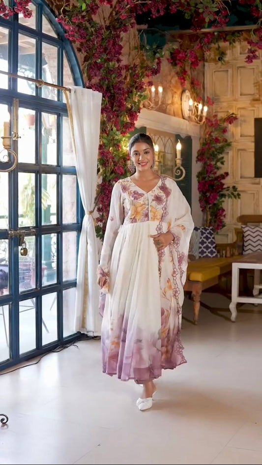 Elegant Floral Printed Anarkali Kurti – White & Lavender Ombre Design