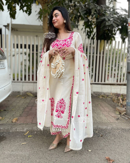 Ivory Elegance: Cream Kurta Set with Vibrant Pink Embroidery & Dupatta