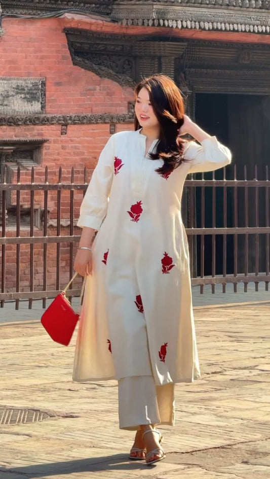 Stylish White Kurti with Red Floral Work
