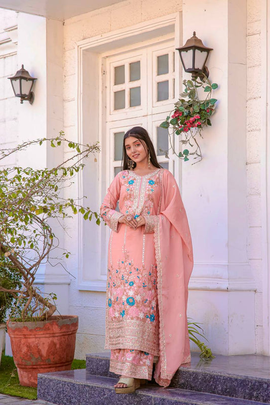 🦋 Đěsigner Party Wear Look Pur Chinon Silk Top Plazzo & Dupatta Set👗