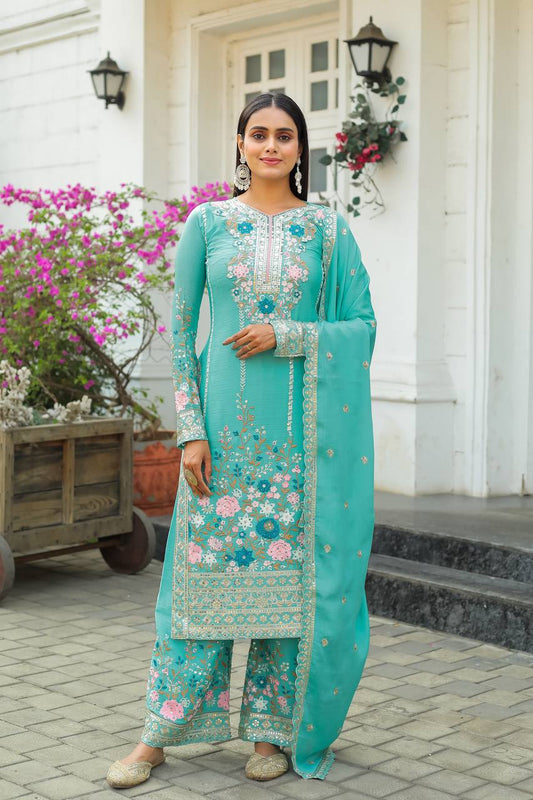 🦋 Đěsigner Party Wear Look Pur Chinon Silk Top Plazzo & Dupatta Set👗