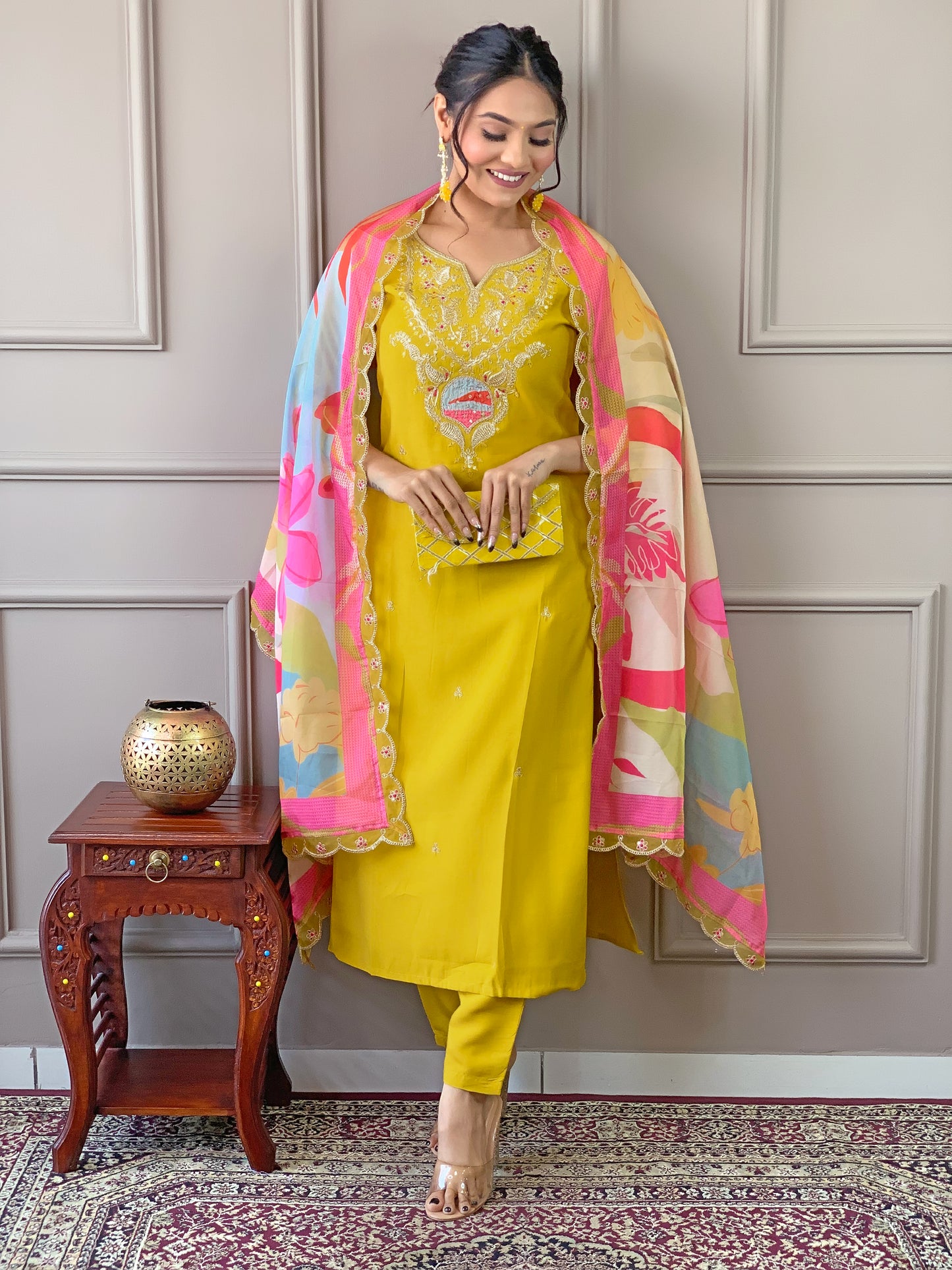 women embroidered viscose kurta pant dupatta set