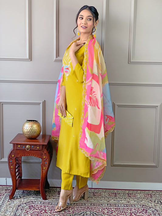 Women Embroidered Viscose kurta pant dupatta set