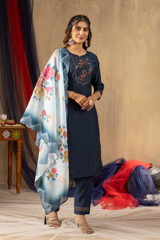 Stylish Navy Blue Kurti with Sky-Toned Floral Dupatta – Perfect for Celebrations