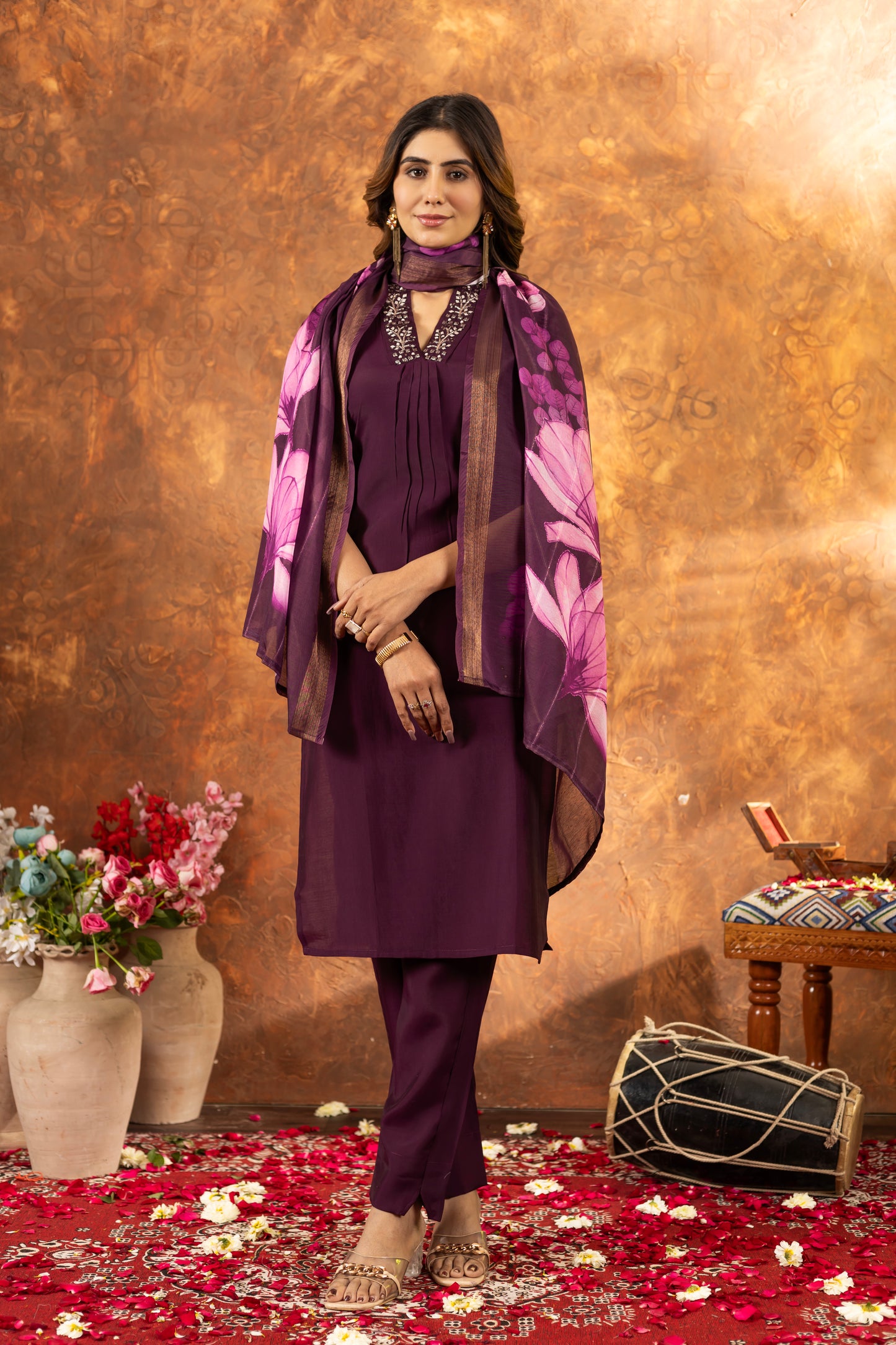 elegant wine kurti set with floral dupatta – perfect for every occasion
