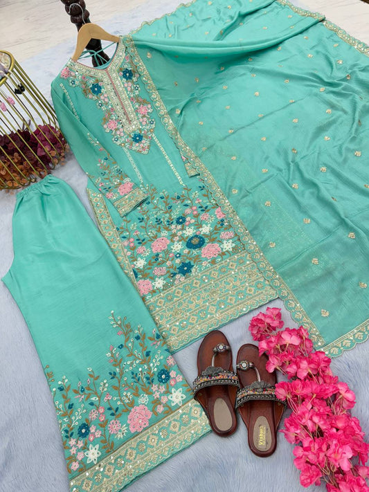 🦋 Đěsigner Party Wear Look Pur Chinon Silk Top Plazzo & Dupatta Set👗
