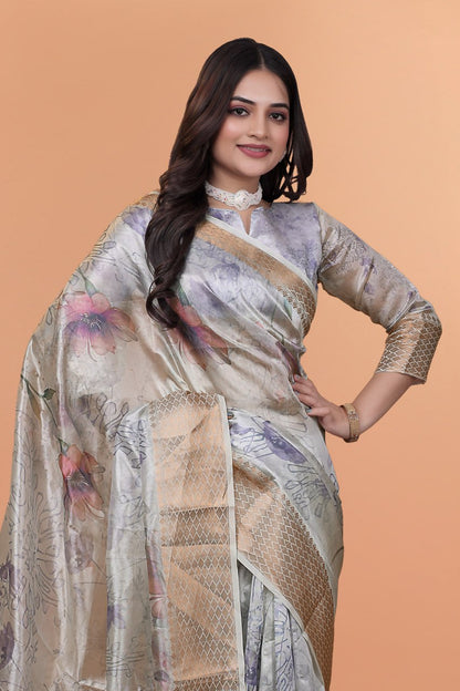 Elegant Beige Soft Silk Saree with Multicolor Floral Print & Golden Zari Border ( GG-505 )