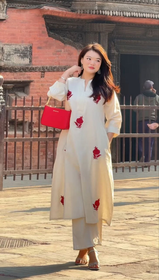 Stylish White Kurti with Red Floral Work
