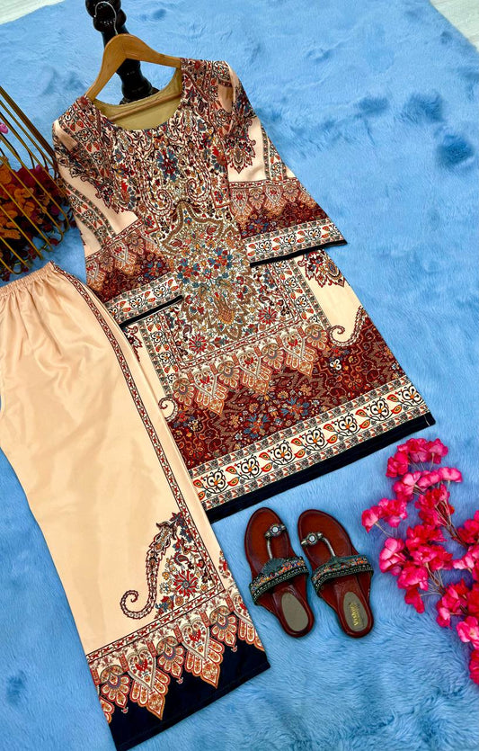 🦋 Party Wear Look Pur Natural Crepe Top & plazzo Co-ords Set
