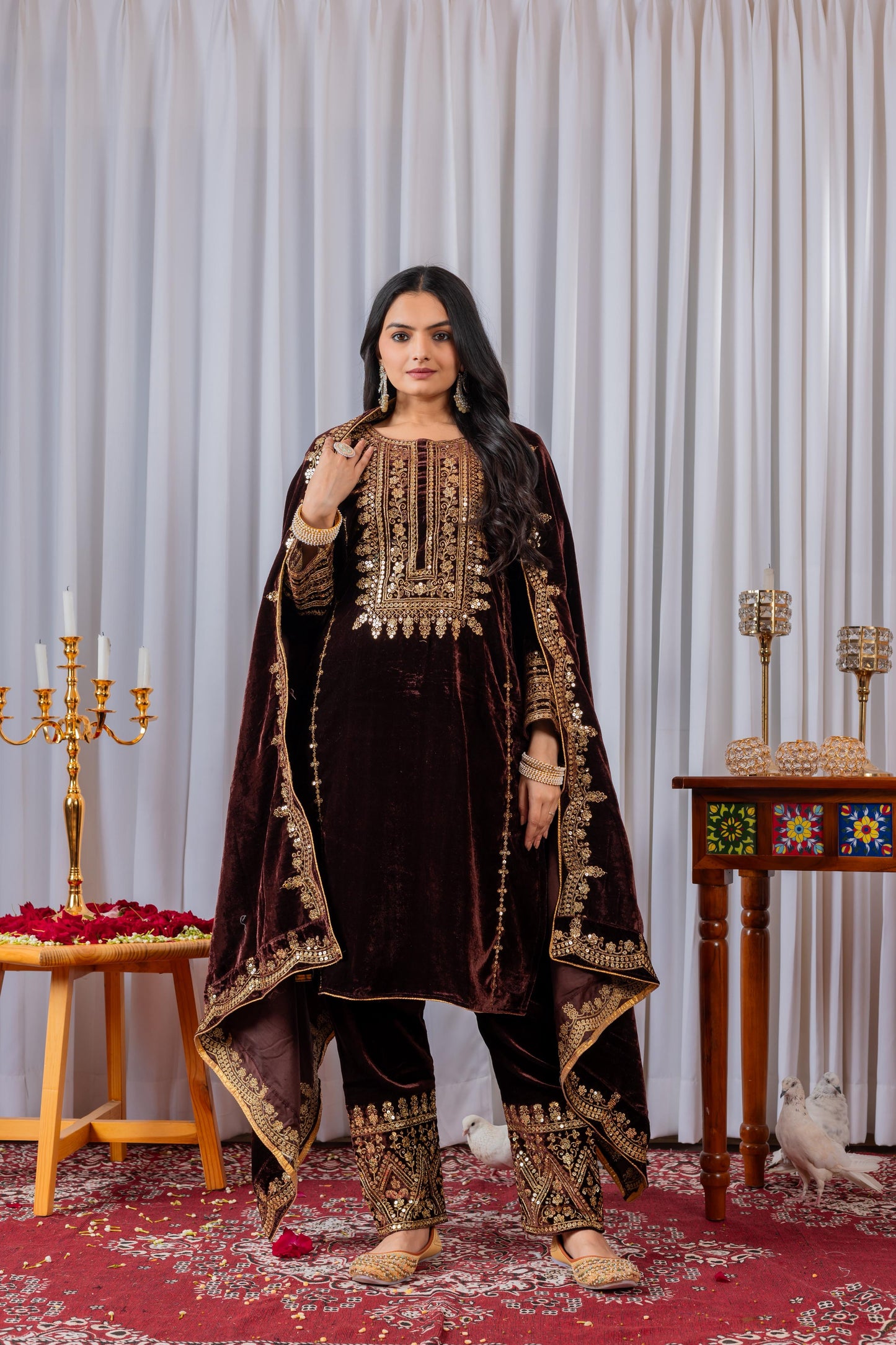 🦋 đěsigner party wear look heavy pure viscose velvet top bottom & dupatta set
