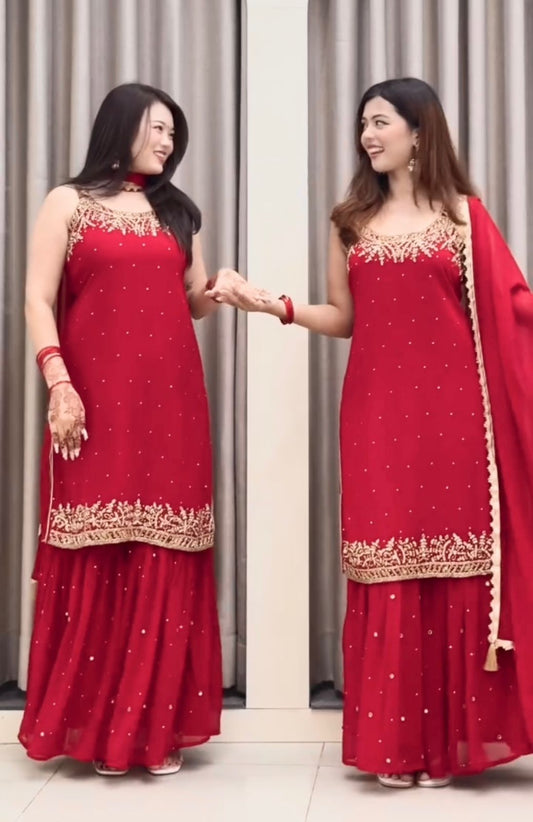🦋 Đěsigner Party Wear Look Pur Heavy Faux Georgette Top Plazzo & Dupatta Set👗