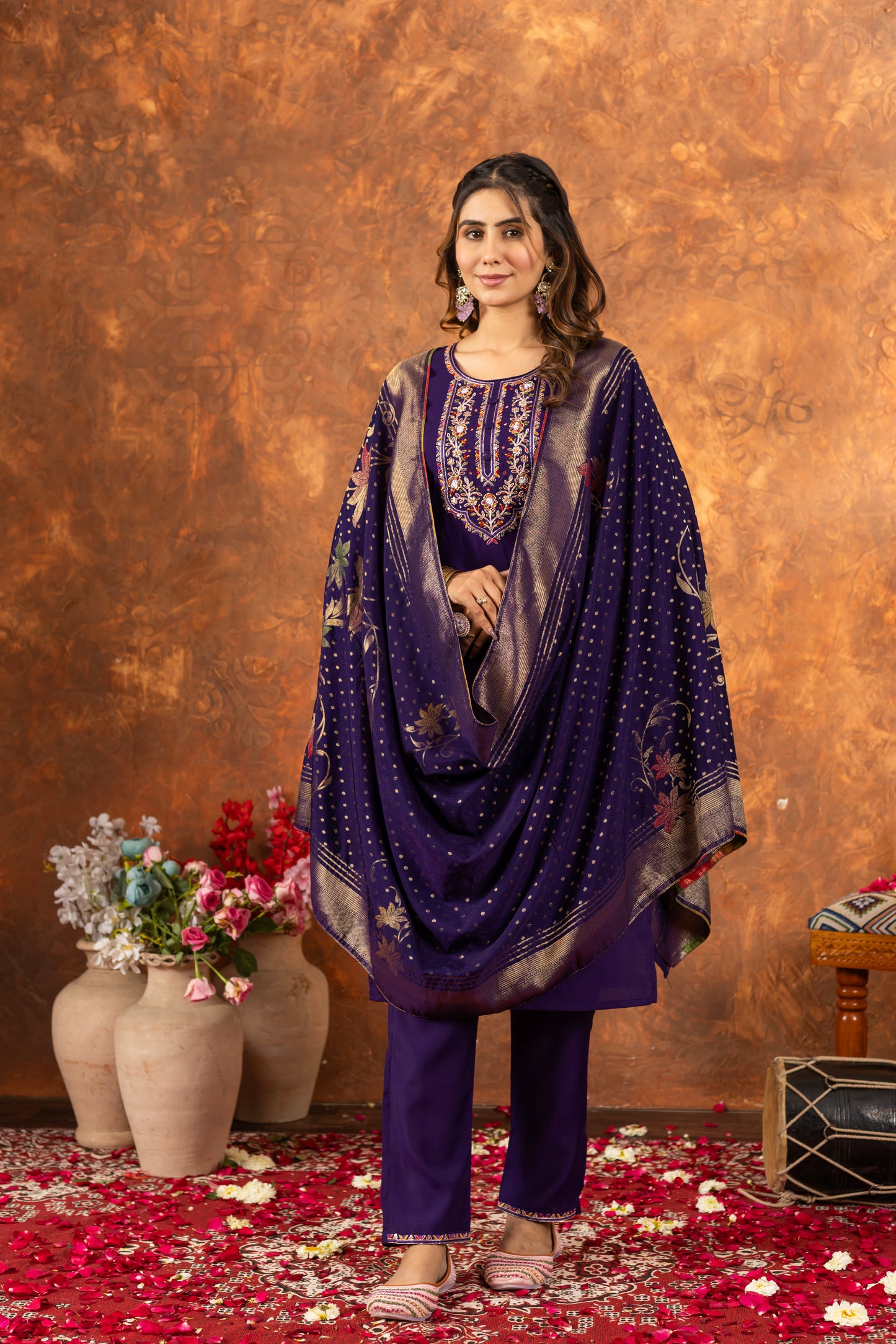 elegant festive kurti set with embroidered neckline & silk dupatta