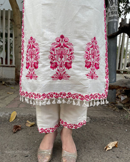 Ivory Elegance: Cream Kurta Set with Vibrant Pink Embroidery & Dupatta