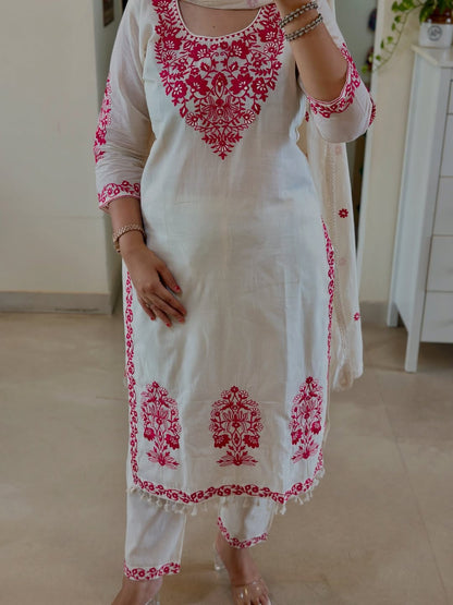 MUL CHANDERI FESTIVAL SPECIAL FULL EMBROIDERY KURTI SET