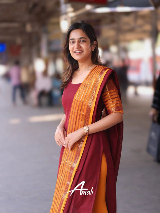 Designer Maroon Kurti with Dupatta Kanchi Cotton Set