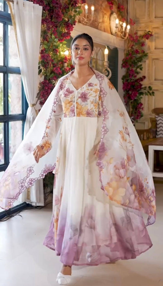 Elegant Floral Printed Anarkali Kurti – White & Lavender Ombre Design