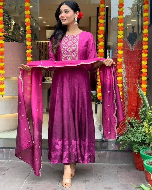 Royal Magenta Silk Anarkali Set with Embroidered Dupatta