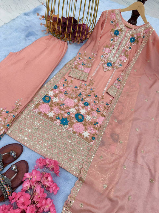 🦋 Đěsigner Party Wear Look Pur Chinon Silk Top Plazzo & Dupatta Set👗