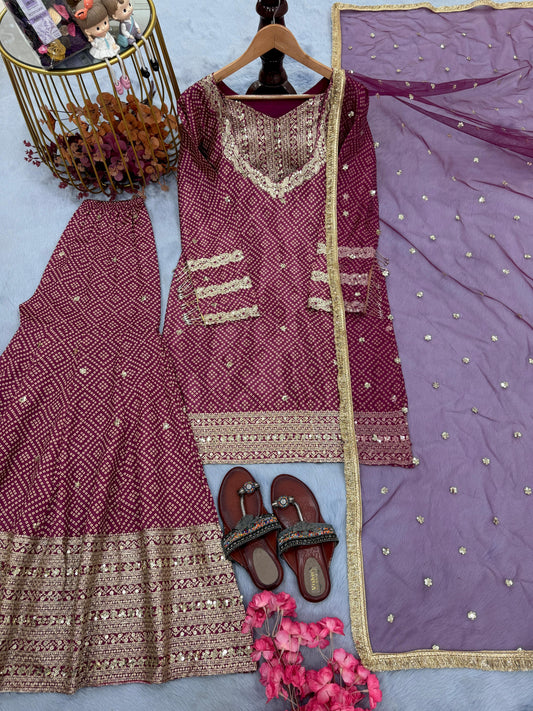🦋 Đěsigner Party Wear & Festival Look Pur Printed Chinon Silk Top-Blouse & Palazzo With Dupatta set
