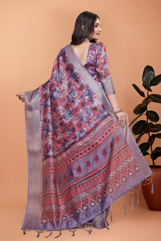 Lavender & Pink Soft Silk Saree with Copper Zari Border & Leaf Print (GG-513)
