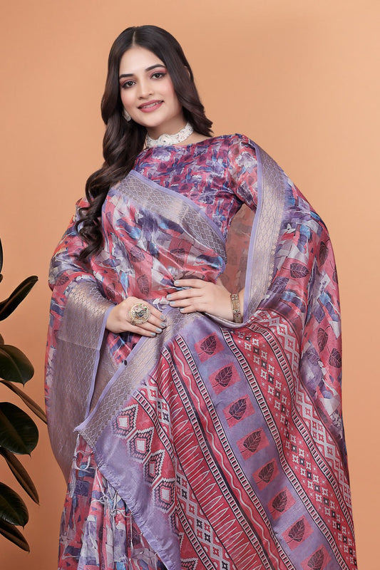Lavender & Pink Soft Silk Saree with Copper Zari Border & Leaf Print (GG-513)