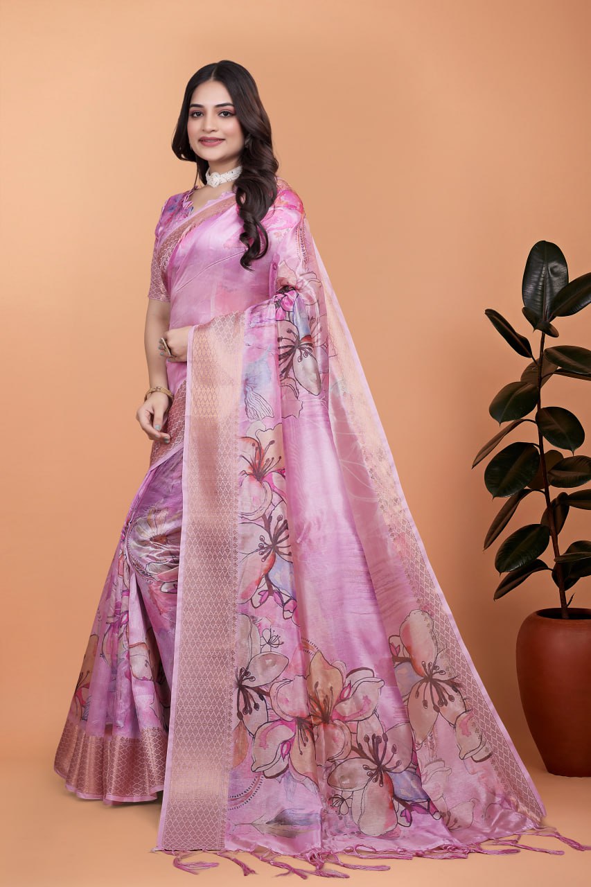 baby pink soft silk saree with floral digital print & copper zari border ( gg-514 )