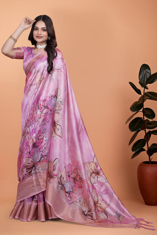 Baby Pink Soft Silk Saree with Floral Digital Print & Copper Zari Border ( GG-514 )