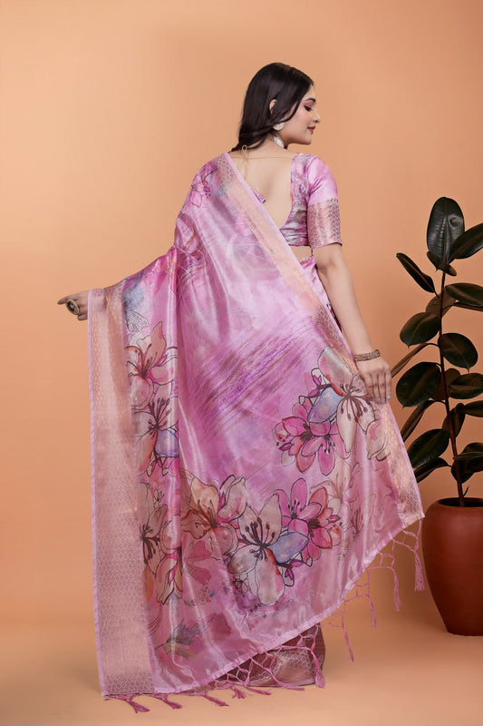 Baby Pink Soft Silk Saree with Floral Digital Print & Copper Zari Border ( GG-514 )