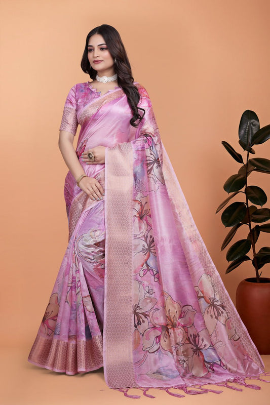 Baby Pink Soft Silk Saree with Floral Digital Print & Copper Zari Border ( GG-514 )
