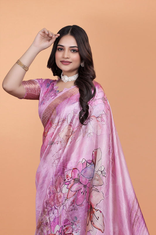 Baby Pink Soft Silk Saree with Floral Digital Print & Copper Zari Border ( GG-514 )