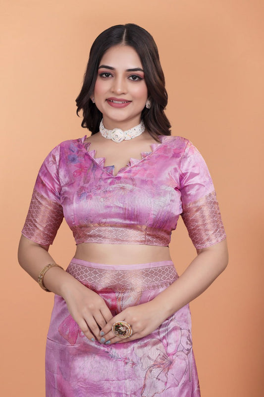 Baby Pink Soft Silk Saree with Floral Digital Print & Copper Zari Border ( GG-514 )