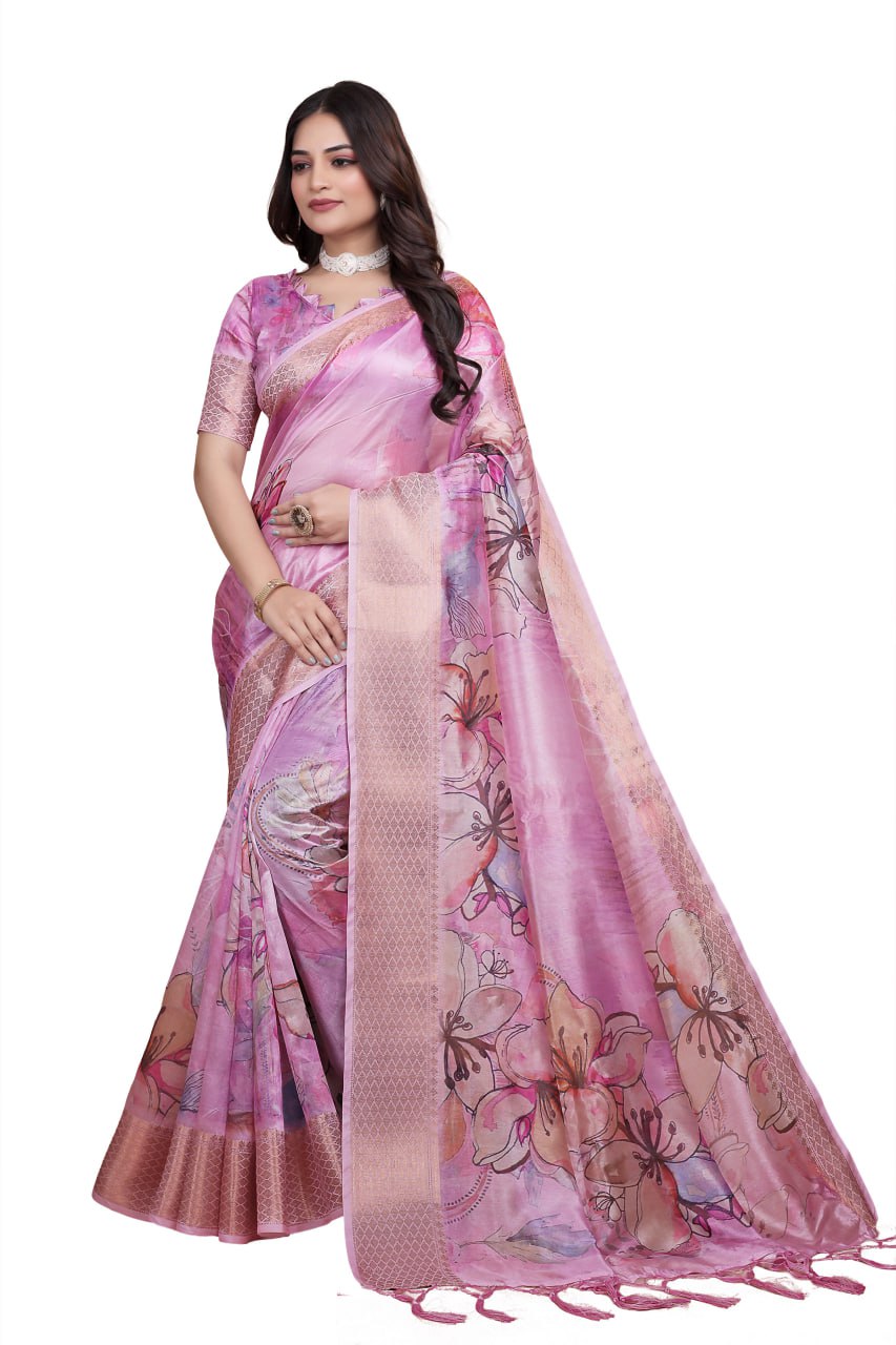 baby pink soft silk saree with floral digital print & copper zari border ( gg-514 )