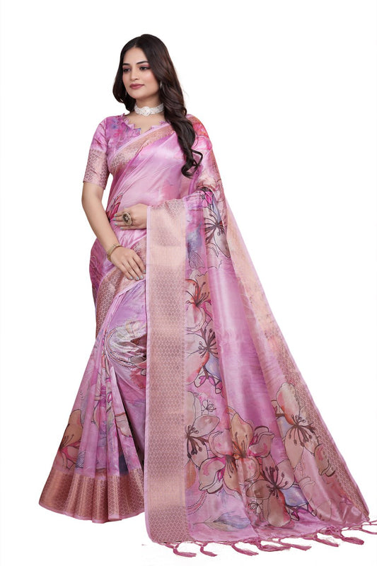 Baby Pink Soft Silk Saree with Floral Digital Print & Copper Zari Border ( GG-514 )