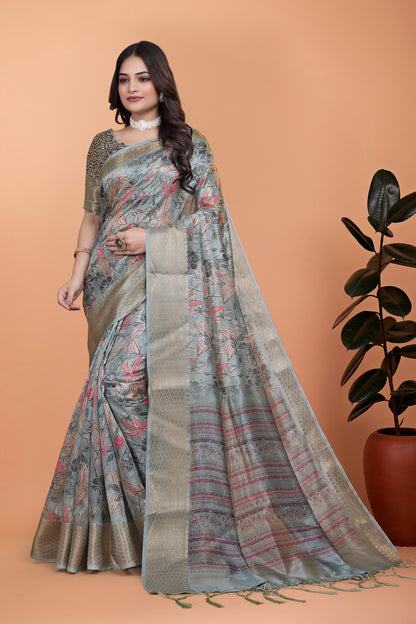 Soft Blue-Green Floral Printed Silk Saree with Zari Border (GG-516 )