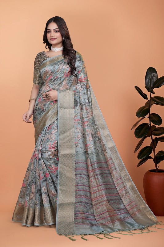 Soft Blue-Green Floral Printed Silk Saree with Zari Border (GG-516 )