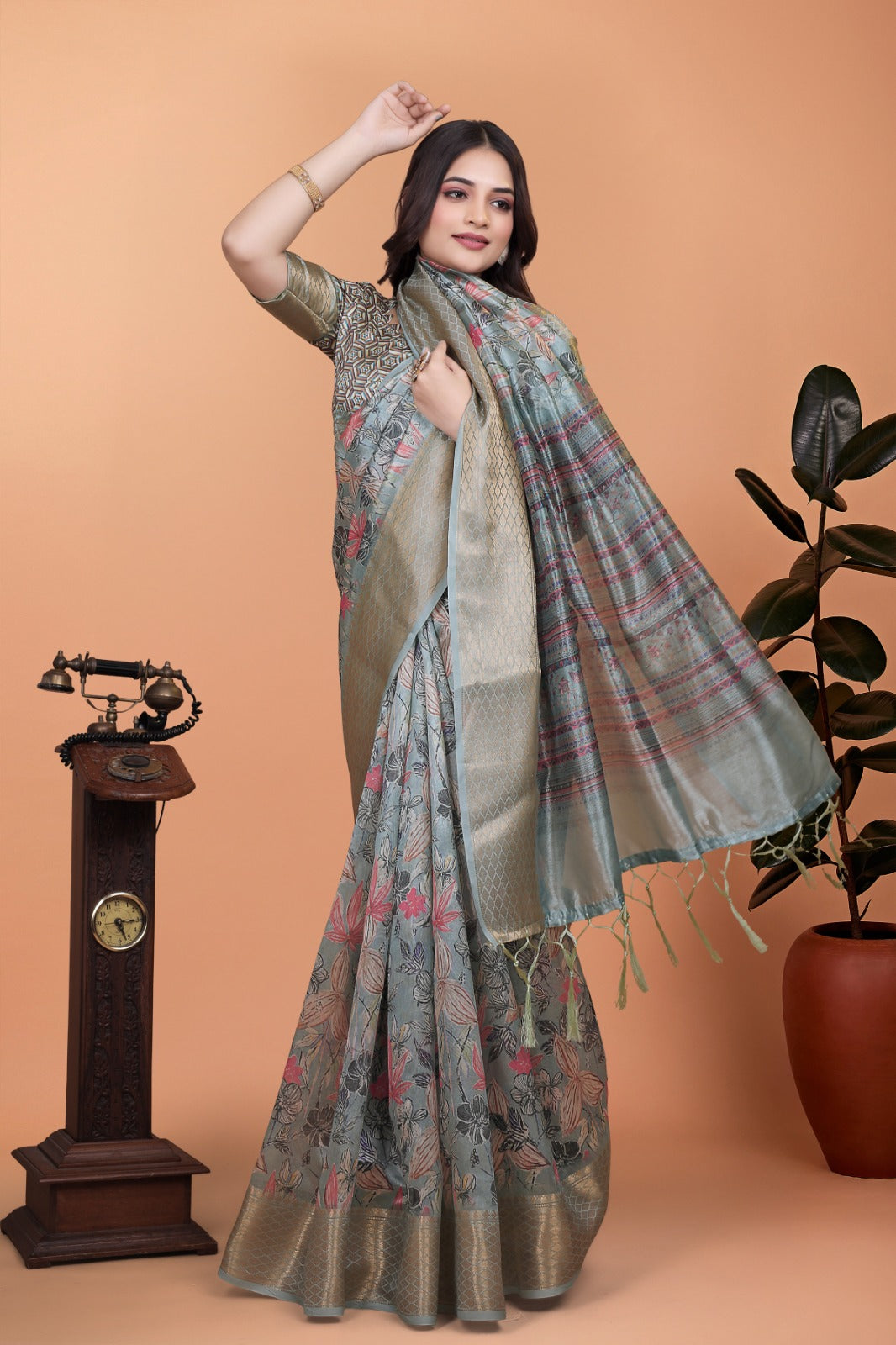 soft blue-green floral printed silk saree with zari border (gg-516 )